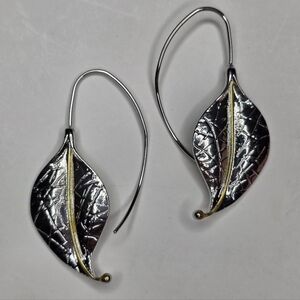 Silver & Gold Two Tone Textured Leaf Hoop Earrings Dainty Contemporary Jewelry